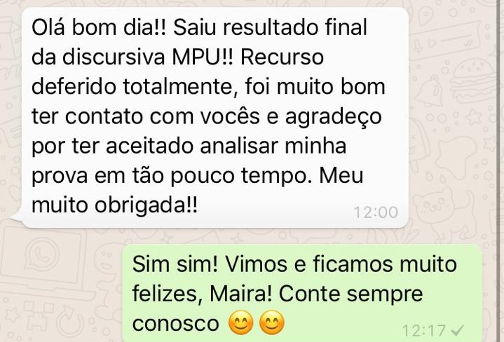 Mensagem de candidata informando recurso deferido totalmente na discursiva do MPU